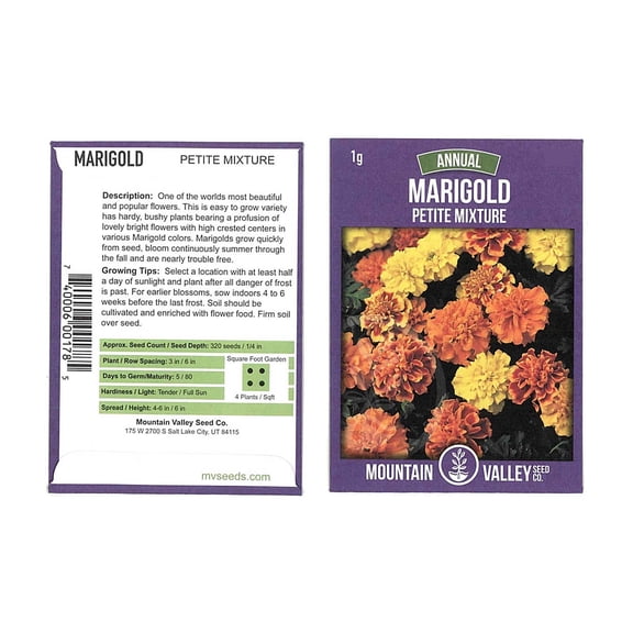 Mountain Valley Seed Company Petite Marigold Tagetes Patula Flower Seeds 1-oz, high-crested blooms