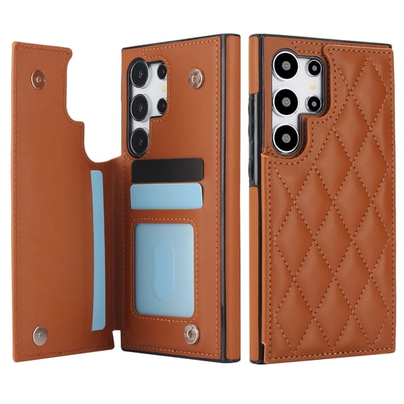 ELEHOLD Case for Samsung Galaxy S25 Ultra, Luxury RFID Wallet Phone Case, Leather Shockproof Cover, Kickstand Function, Brown