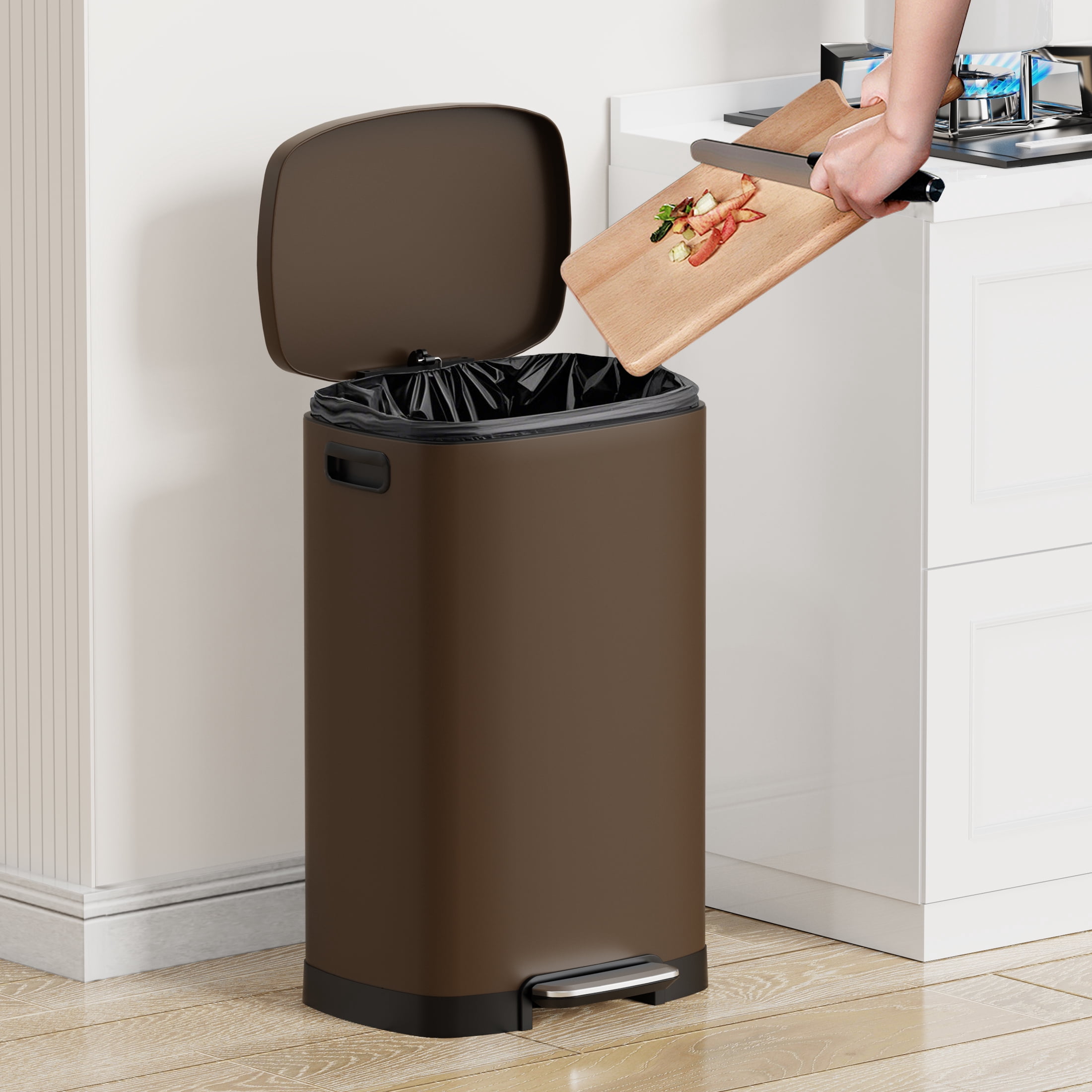KSSKSS 13 Gallon Trash Can with Lid,Fingerprint-Proof Stainless Steel Kitchen Trash Can with Soft-Close Lid and Removable Inner Bucket,Brown