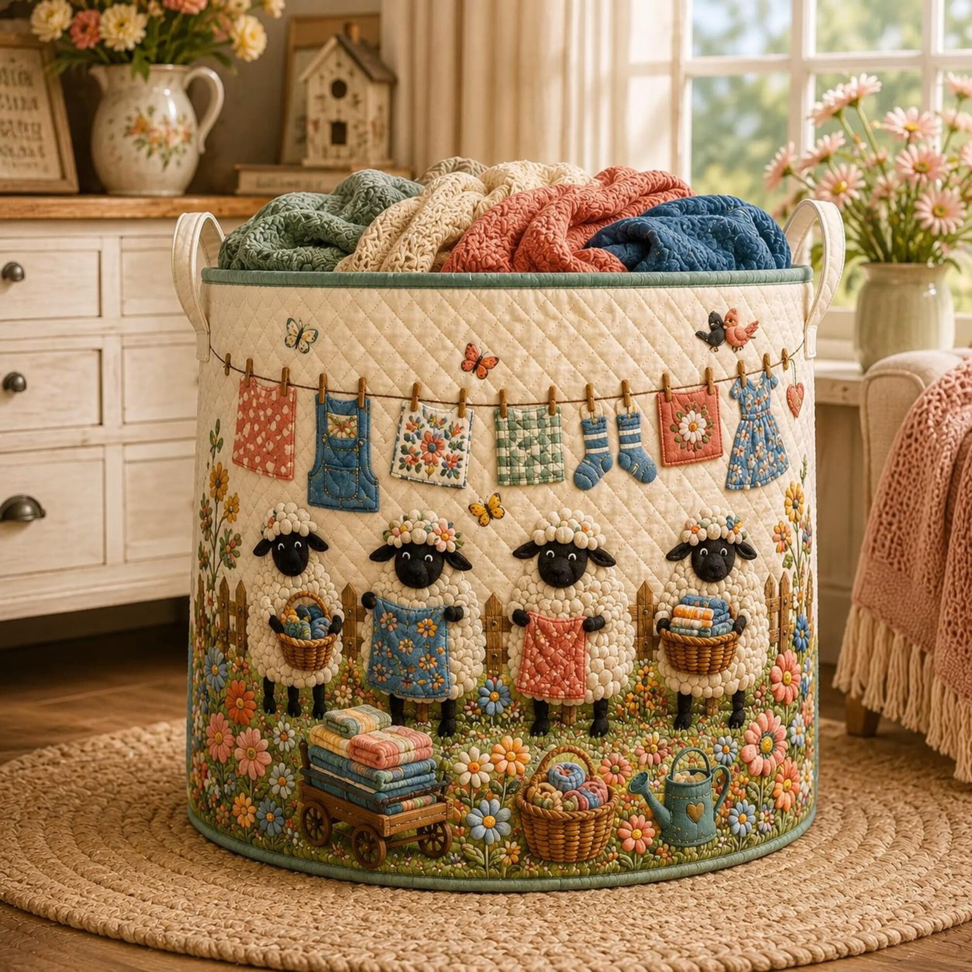 Sheep Laundry Basket, Farmhouse Lamb Hamper, Quilt Style Laundry Room Storage Bin, Farm Animal Organizer, Home Gift