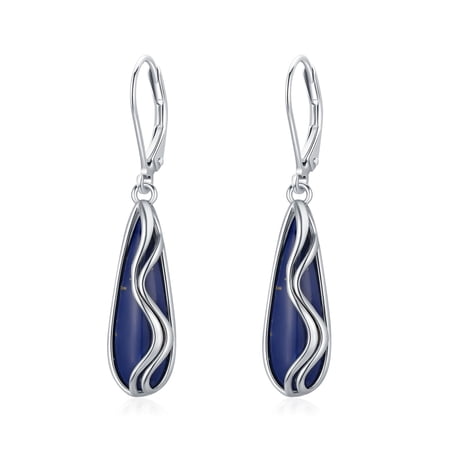 Vintage 925 Sterling Silver Lapis Lazuli Earrings for Women, Genuine Blue Stone Filigree Dangle Leverback Drop Earrings for Everyday Wear/Birthday Christmas Gift (A01-Wave)