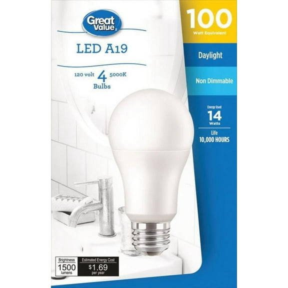 Great Value 100W A19 Daylight LED Bulbs 4-pack