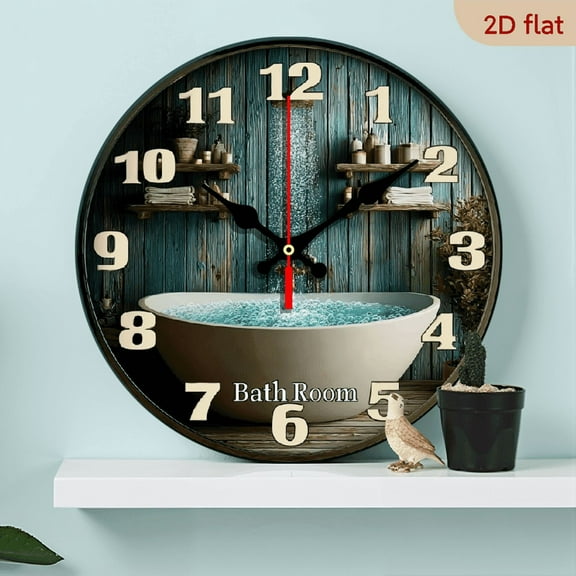 2D Flat 1pc 10Inch Vintage Silent Wall Clock Room Decor, _Relaxing Bath Time_ Essential Bathroom Essentials_, 10-inch, Non-Luminous, Wooden Quartz Design, Perfect for Halloween Christmas