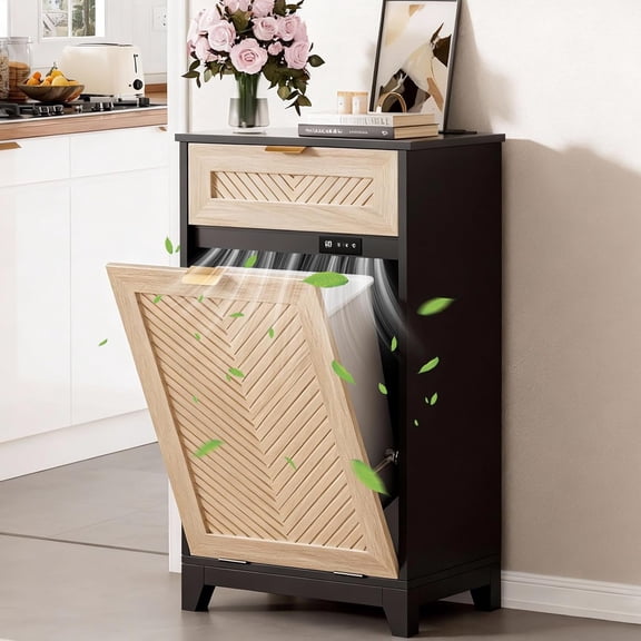 Tilt Out Trash Can Cabinet with Charging Station and Deodorizing, 10 Gallon Hidden Garbage Can Cabinet with Drawer Storage, Laundry Hamper Cabinet with for Kitchen, Laundry,Black