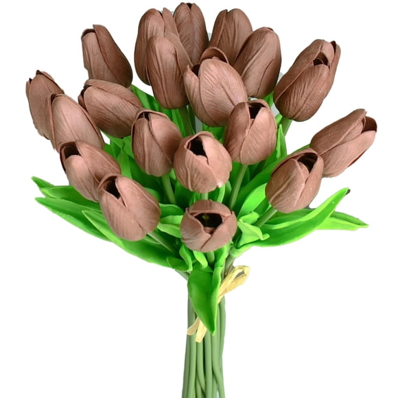 Tulipanes artificiales Mandy, flores sintéticas de poliuretano, color marrón, 20 tallos