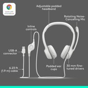 Logitech H390 Wired Headset for PC/Laptop, Stereo Headphones with Noise Cancelling Microphone, USB-A, In-Line Controls, White