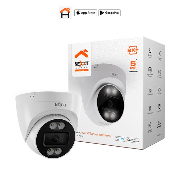 Nexxt Smart Home Indoor (Covered Outdoor) Turret Camera 2K Wired Motion Activated Light 400 Lumens – 2 Way Communication Night Vision – Siren – White