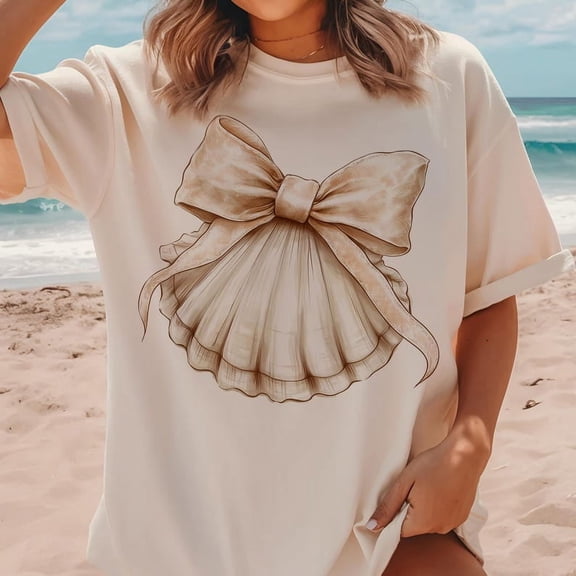 Beige Seashell Bow Shirt, Beach Shirt, Summer Shirt, Coastal Girly Shirt, Ocean Print Shirt, Summer Girly Bow Shirt
