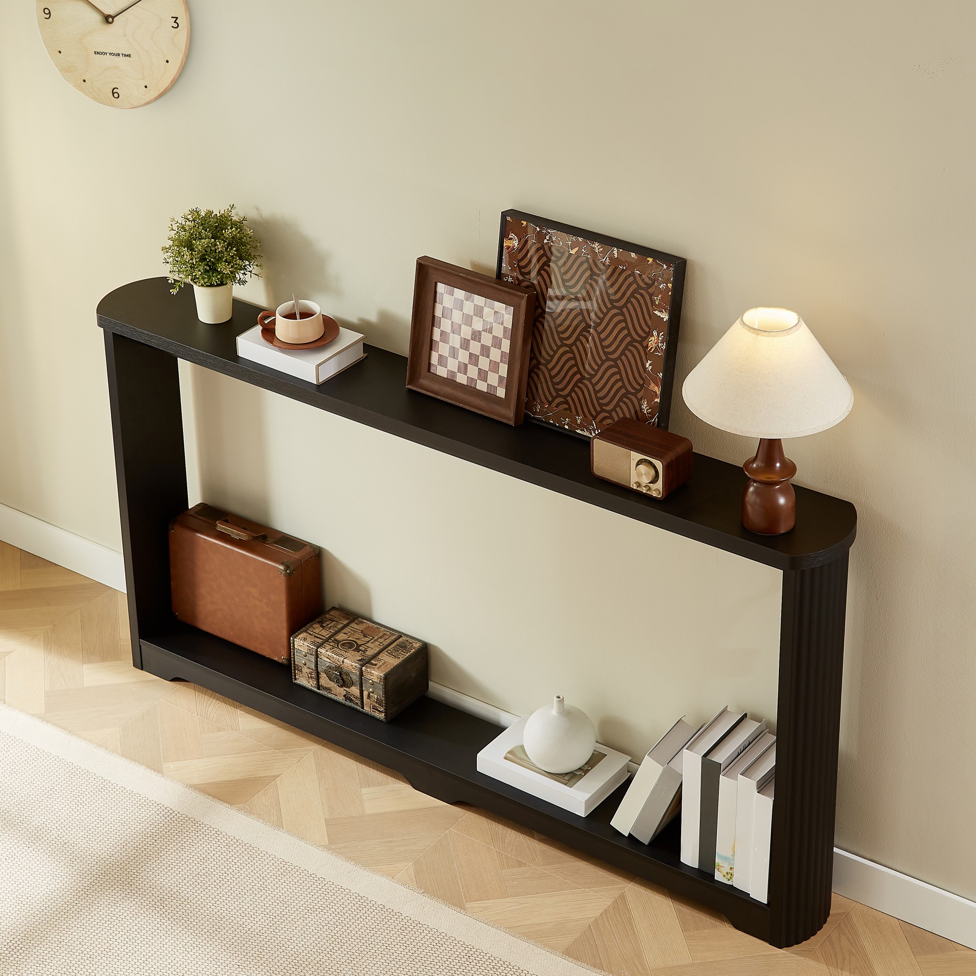 70" Console Table,Narrow Wooden Console Sofa Table,Corrugated Storage Table for Hallway,Entrance,Black