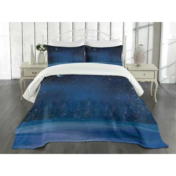 Ambesonne Moon Quilted Bedspread Set 3 Pcs, Winter Season Nighttime, Queen Size, Dark Blue