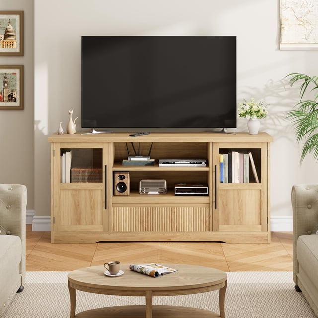 Yiwa 72 Inch Farmhouse TV Stand, Wave Pattern Media Console with Glass Doors, Open Storage for Living Room