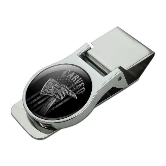 Carved Firefighter American Flag Axe Satin Chrome Plated Metal Money Clip