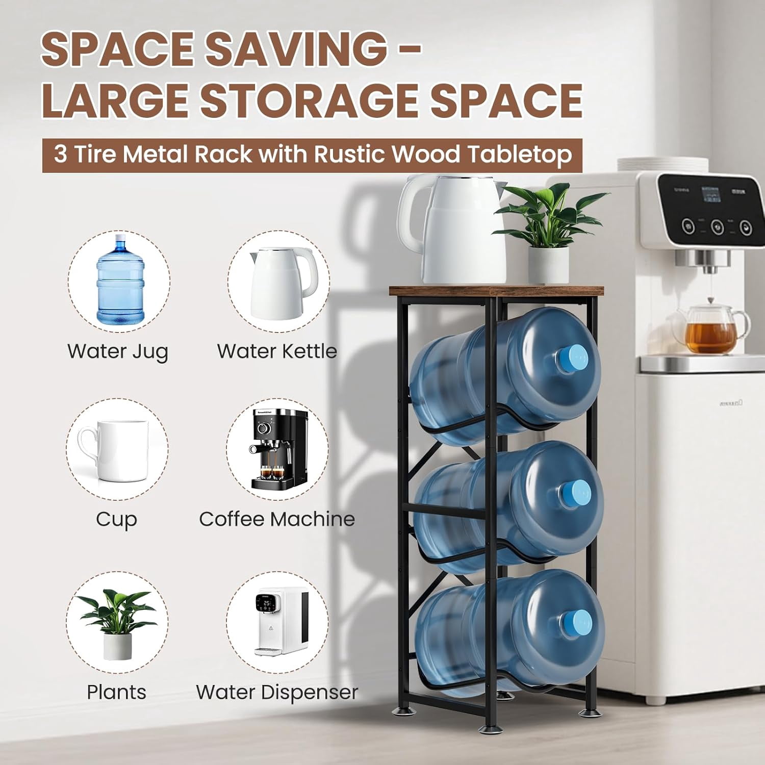 5 Gallon Water Jug Holder, 3-Tier Water Bottle Holder with Wood Top Shelf, Heavy Duty Water Cooler Jug Rack, Water Dispenser Storage Stand for Kitchen Office and Living Room