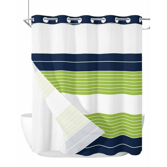 No Hook Cloth Fabric Shower Curtain with Snap in Liner, Navy Blue Green Stripe Waterproof Shower Curtains Set with See Through Top Window, Modern Art Horizontal Striped Bath Curtains Shower 66"x72"