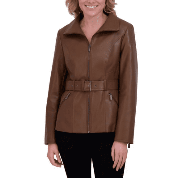 Kenneth Cole Women's Belted Faux Leather Jacket Brown Medium