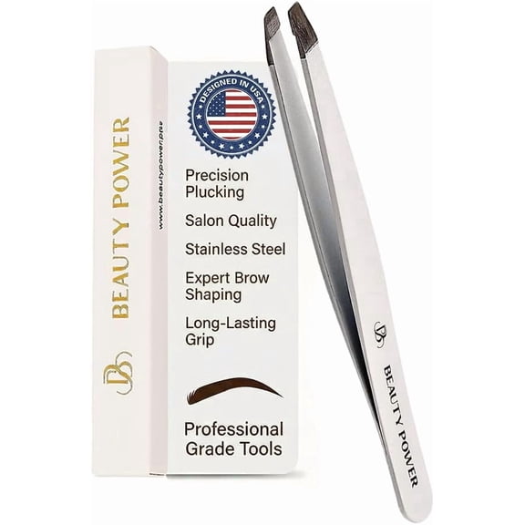 Beauty Power Precision Slant Tip Eyebrow Tweezers, Stainless Steel, White, With Storage Tube