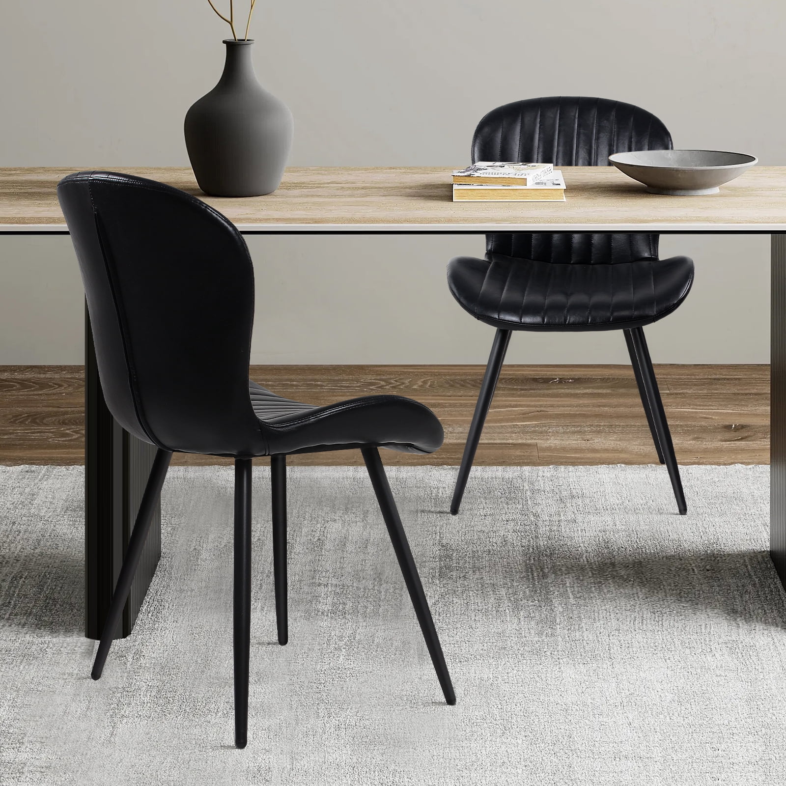 Set of 2 Black Modern Dining Chairs, 2nd-Gen Leather Upholstery, Ergonomic Curved Backrest, Sturdy Metal Legs, 400 lbs Capacity, Waterproof & Scratch Resistant
