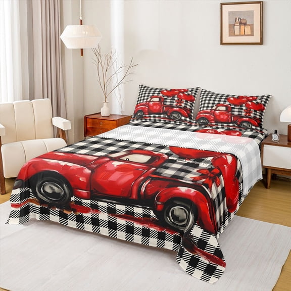 Manfei Truck Car 3pcs Twin Sheet Sets for Female Men Teens,Red Love Heart Print Twin Fitted Sheet,Valentine's Day Breathable Flat Sheet,Ultra Soft Home Decor