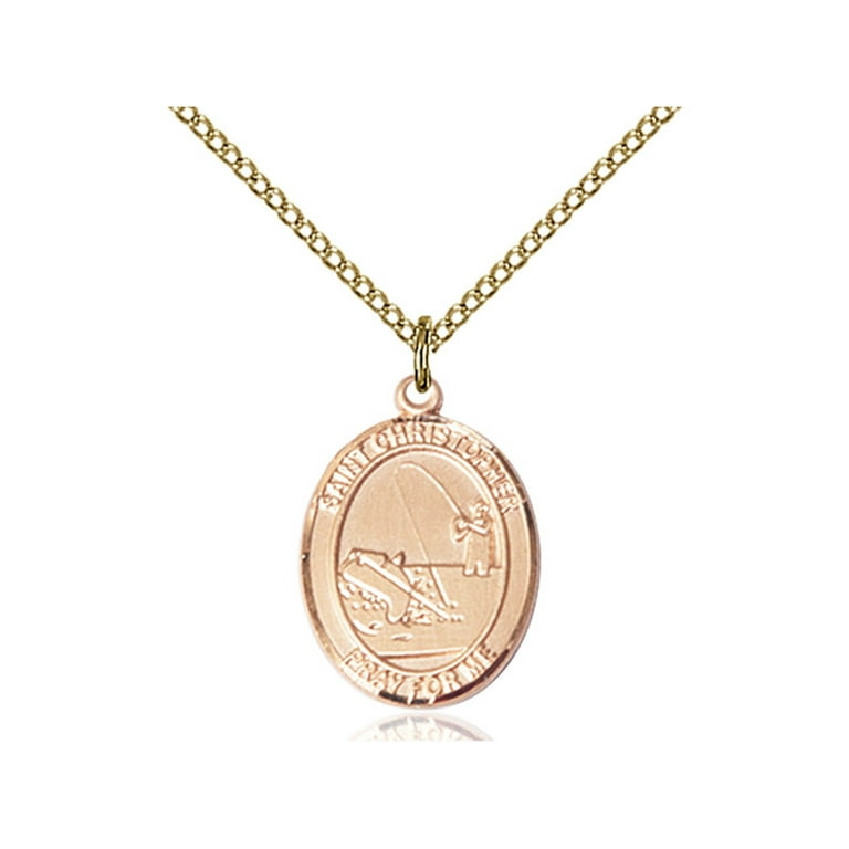 Gold Filled St. Christopher / Fishing Pendant 3/4 x 1/2 inches with  Gold-Filled Lite Curb Chain
