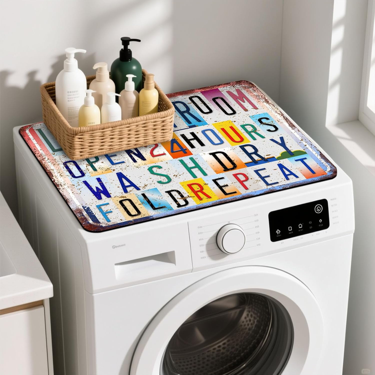 Non-Slip Washer & Dryer Top Cover Protector Mat Dust-Proof Washing Machine Cover Pad With Vintage Multicolor Laundry Sign Design Universal 23.6"x19.7" for Laundry Room & Kitchen Decor