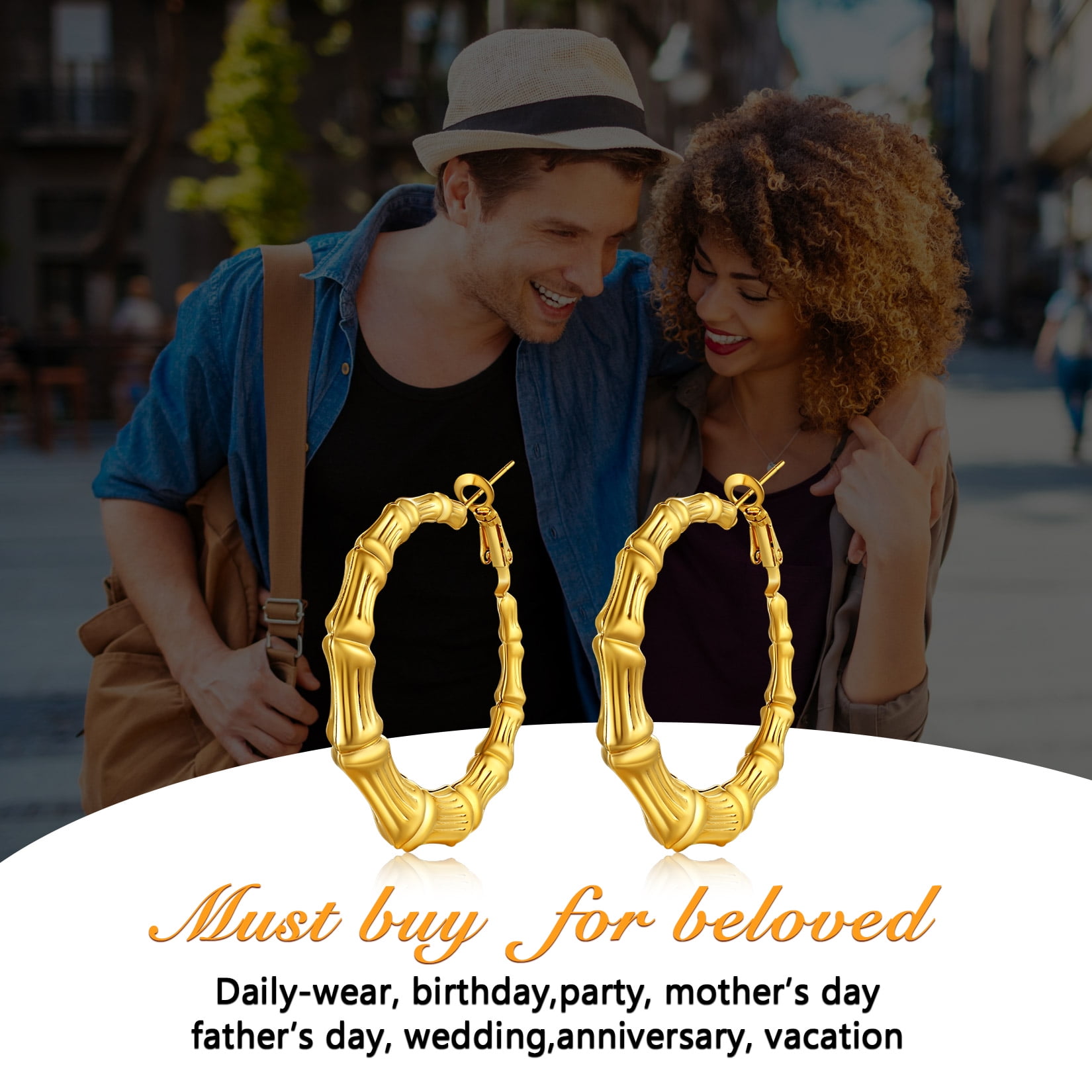 U7 Large Big Hoop Earring for Women Stainless Steel Gold Plated Bamboo Earrings 40mm Christmas Anniversary Gift for Mother Wife