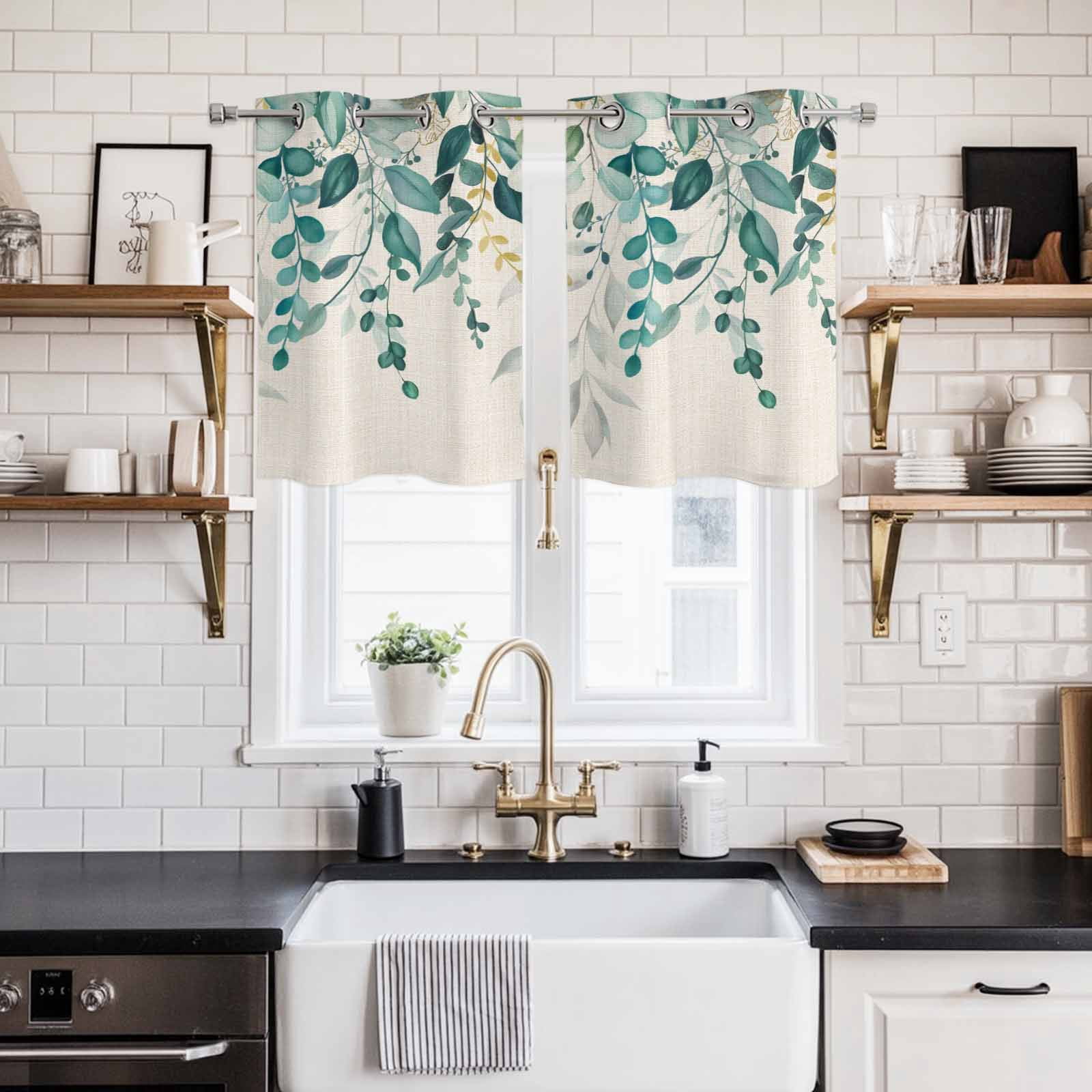 2 Panels Kitchen Tier Curtains 39 Inch Length, Teal Green Eucalyptus Grommets Window Treatment Curtain, Farmhouse Weeping Leaves Linen Thermal Curtains Drapes for Living Room/Bathroom