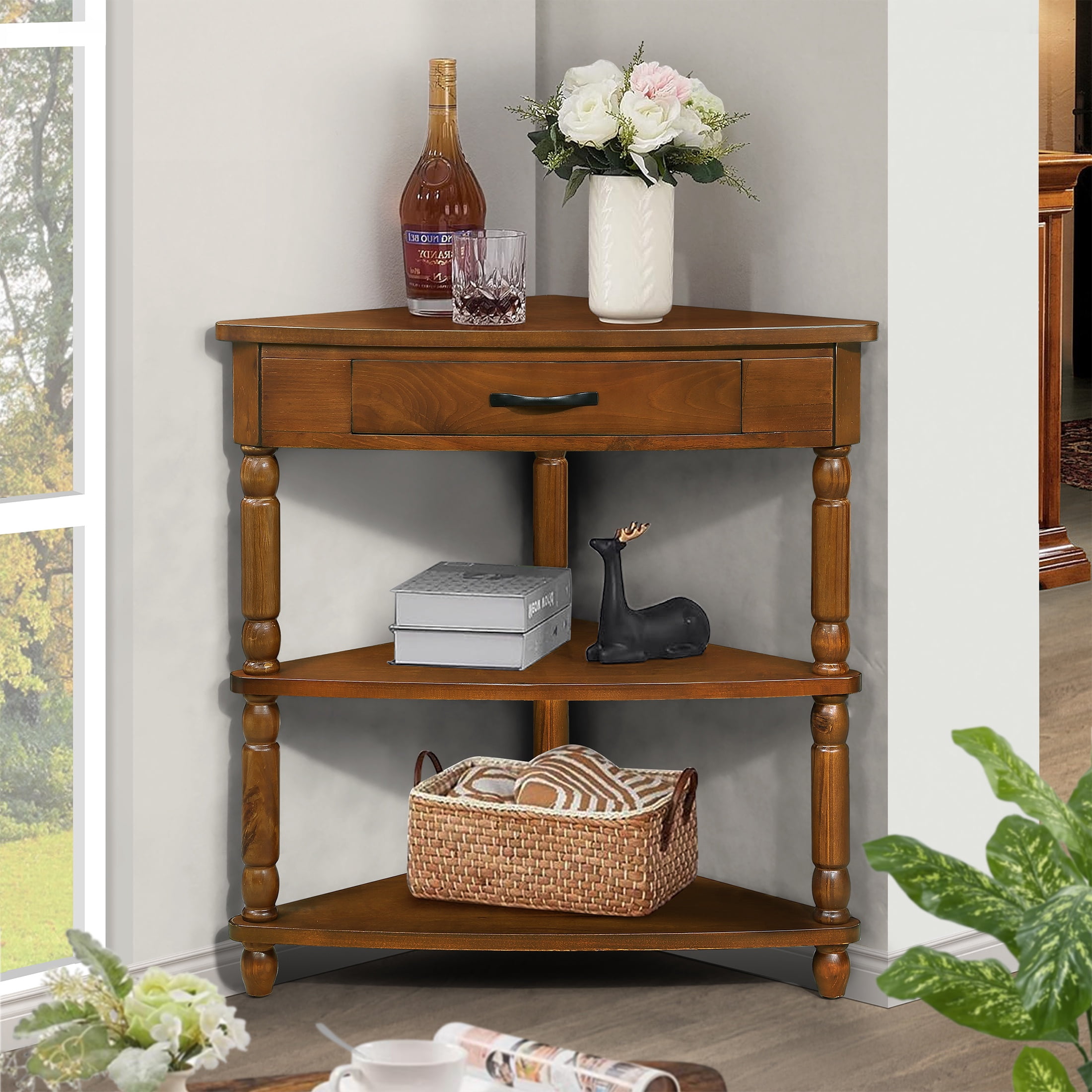 PORKISS Small Triangle Corner Table, End Table Side Table with 1 Drawer Solid Wood Legs, Console Table for Small Spaces/ Living Room, Brown #1