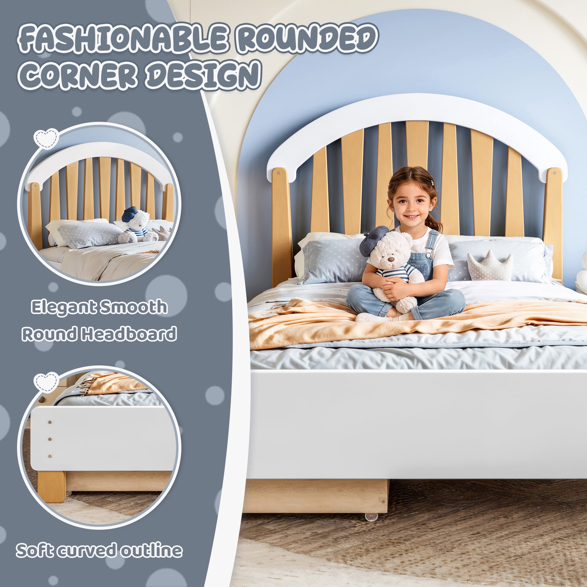 Mintazer Kids Twin Size Platform Bed Frame with 2 Storage Drawers & Curved Round Headboard, No Box Spring Needed, Natural & Beige