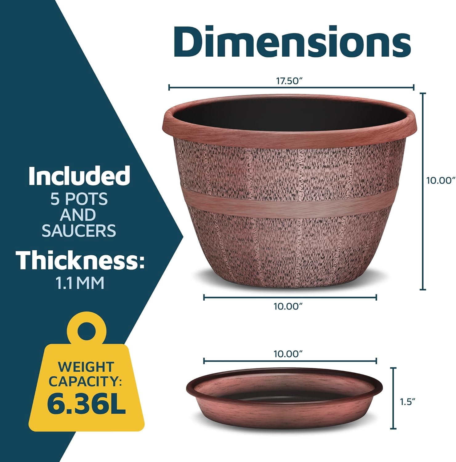 10-Inch Whiskey Barrel Planters Outdoor Pack of 5 - Durable Plastic Plant Pots for Indoor & Outdoor Use with Drainage & Saucer, Lightweight Rustic Barrel Planters for Flowers, Herbs & Small Plants