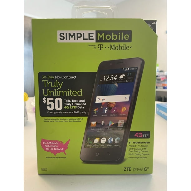 Simple Mobile - ZTE ZFIVE G Z557BL 4G LTE with 16GB Memory Cell Phone