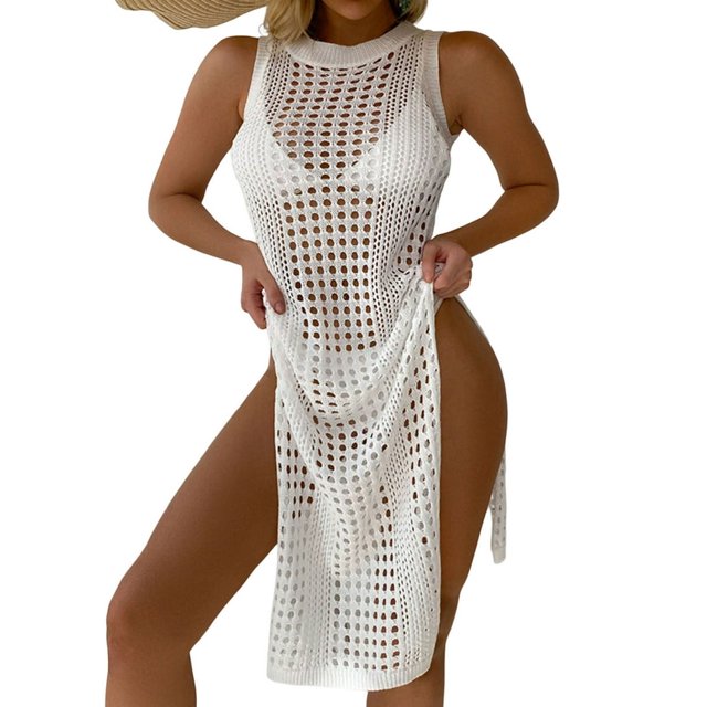 Holiday Dress Sunscreen Crew Neck Chic Summer Beach See-Through Cover Up Dress