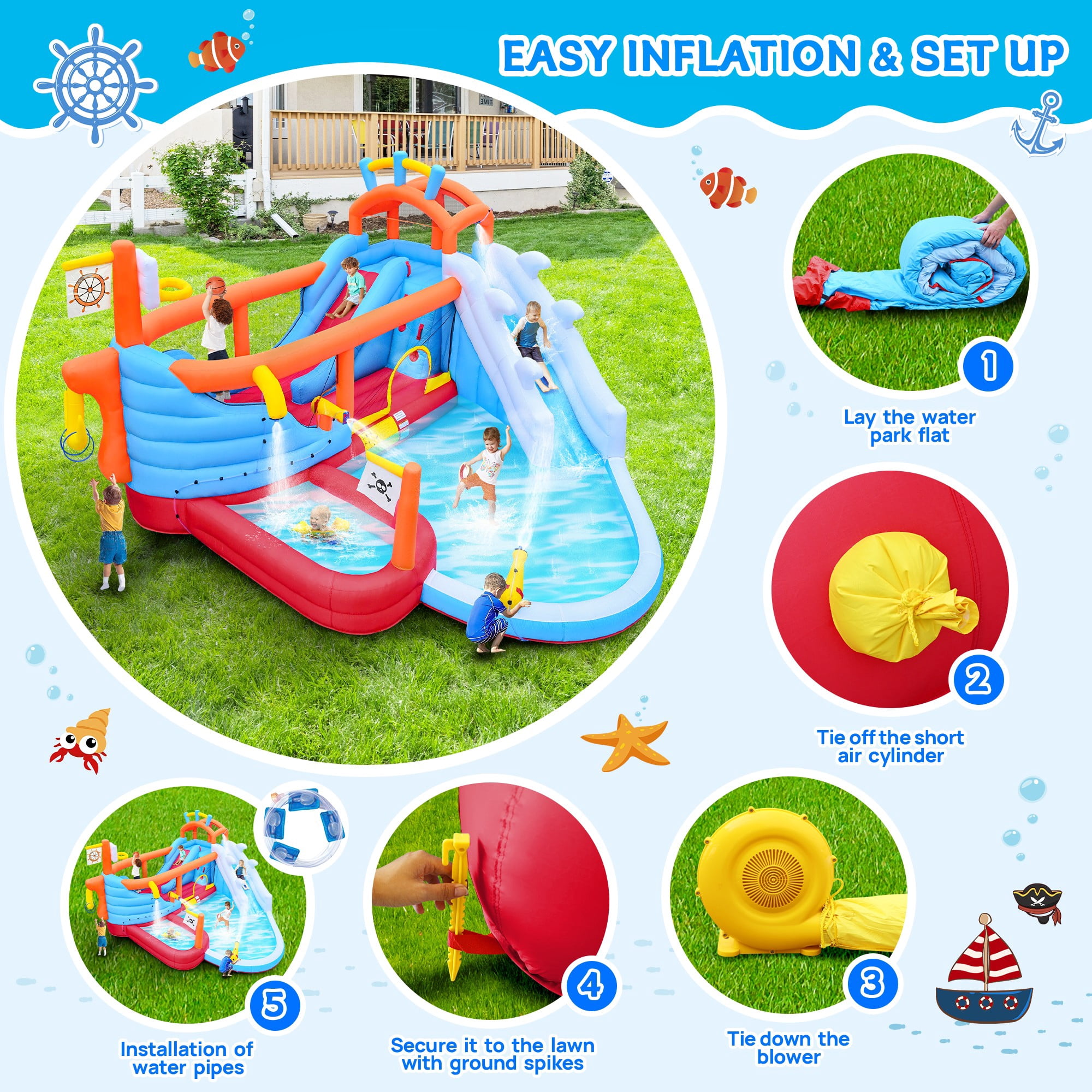 Aukfa Inflatable Water Slide Bounce House with Blower, Double Slide Water Park for Kids 3–12, Kids Play Center with Climbing Wall, Splash Pool, Water Guns for Backyard Birthday Party