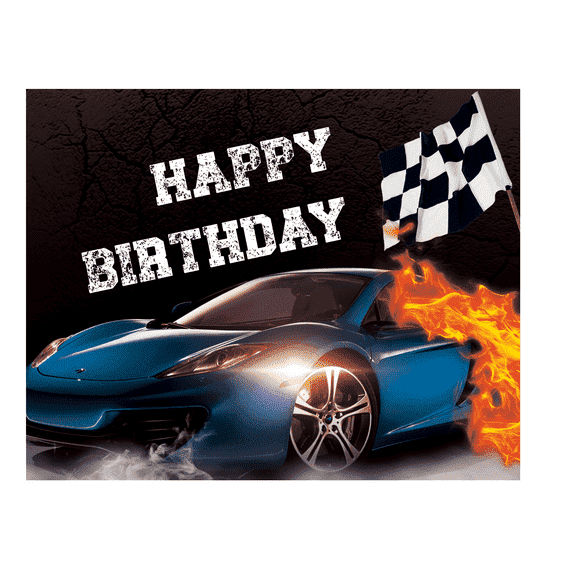 Blue Race Car Happy Birthday Edible Icing Image Cake Topper, by TNCT