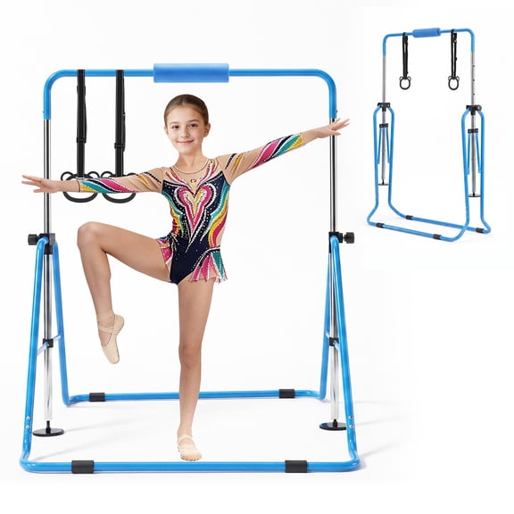 KFFKFF Folding Gymnastics Bar for Kids, 140 lbs Capacity, Adjustable Height Training Bar for Home Use, Indoor and Outdoor Equipment, Easy Assembly, Blue