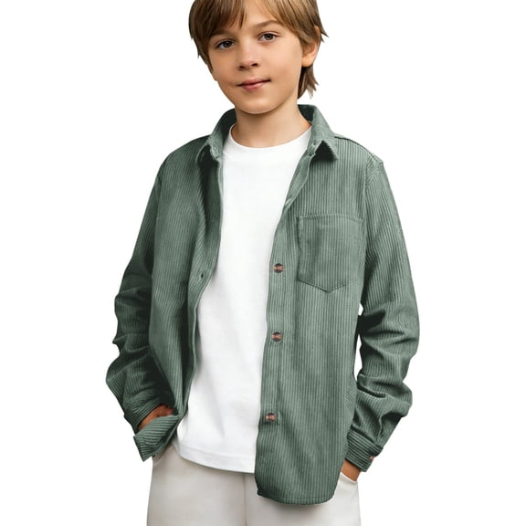 KAUOD Kids Corduroy Shackets Jackets Front Pockets Button Long Sleeve Coats Boys Girls Plain Soft Collar Shirt Clothes