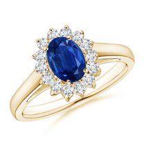 ANGARA Natural Princess Diana Inspired Blue Sapphire Ring with Diamond in 14K Yellow Gold for Women (Size-7x5mm) | September Birthstone, Anniversary, Jewelry Gift for Women | Natural Sapphire Ring