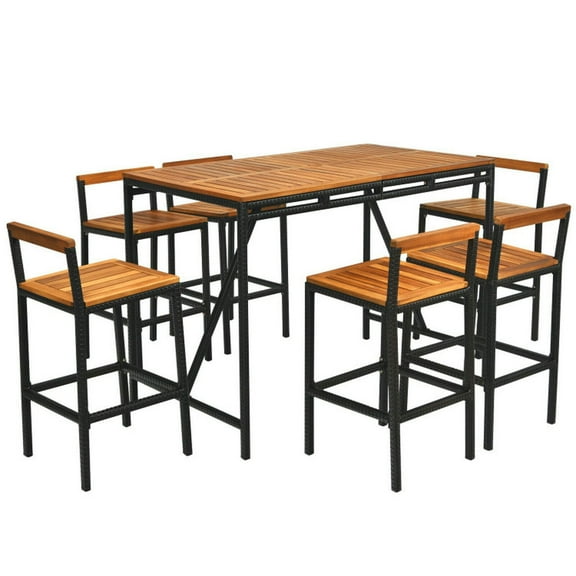 Canddidliike 7 Pieces Acacia Wood Patio Rattan Bar Set with Rustproof Steel Frame, 6 Ergonomic Armless Bar Stools and A Rectangular Bar Table with Umbrella Hole, Rattan Bar Set for Outdoor, Brown