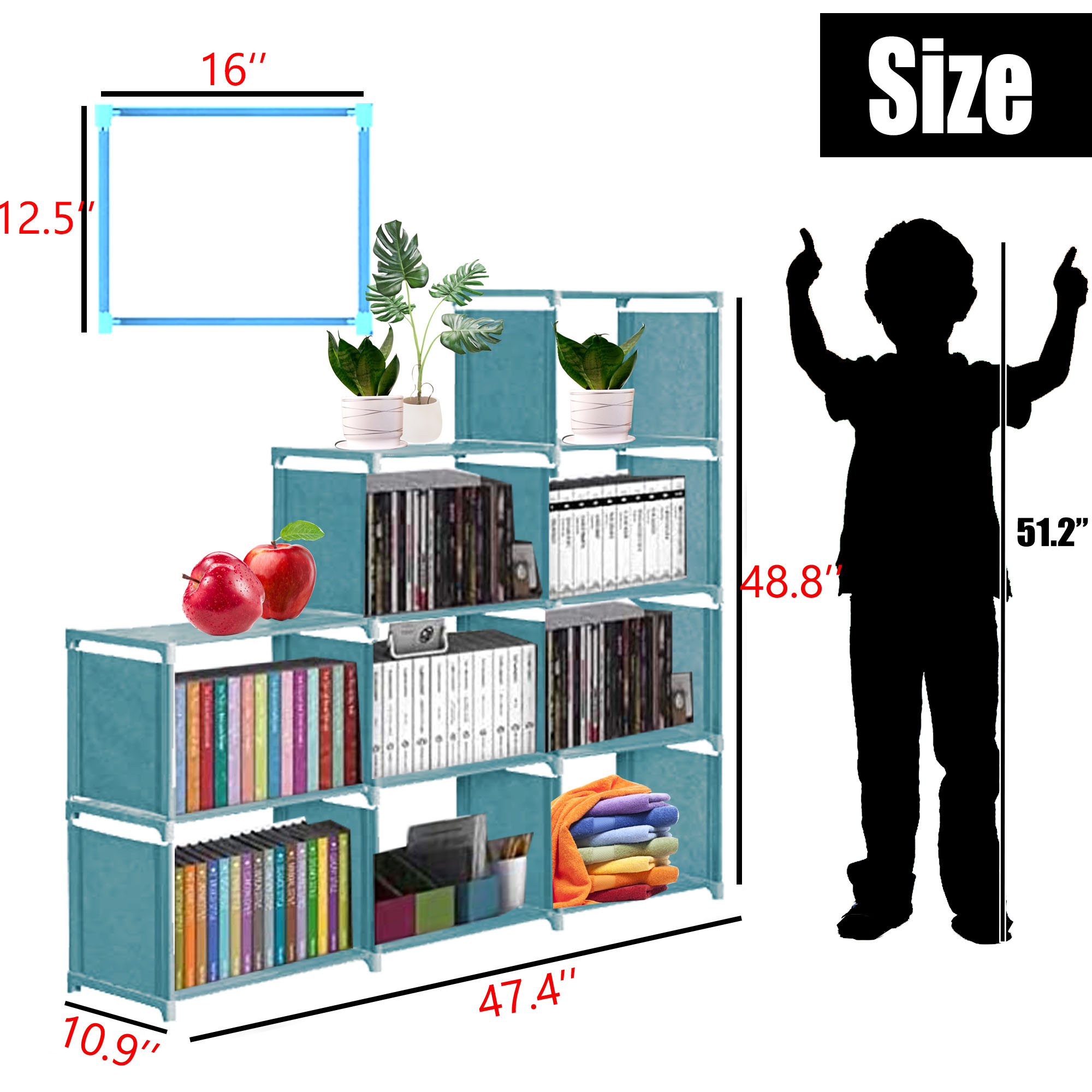 Qhomic Kid Adjustable Bookcase Storage Bookshelf with 9 Cube Book Shelves For Kids Adult, Blue - image 4 of 9