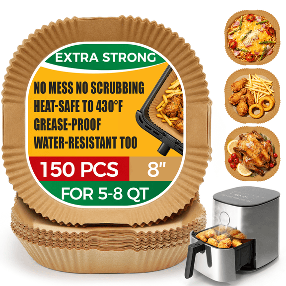 Morfec 8 inch 150 Pcs Air Fryer Paper Liners, Square Non-Stick Oil Proof Parchment Paper Liner for 5-8 Qt Basket Cooking