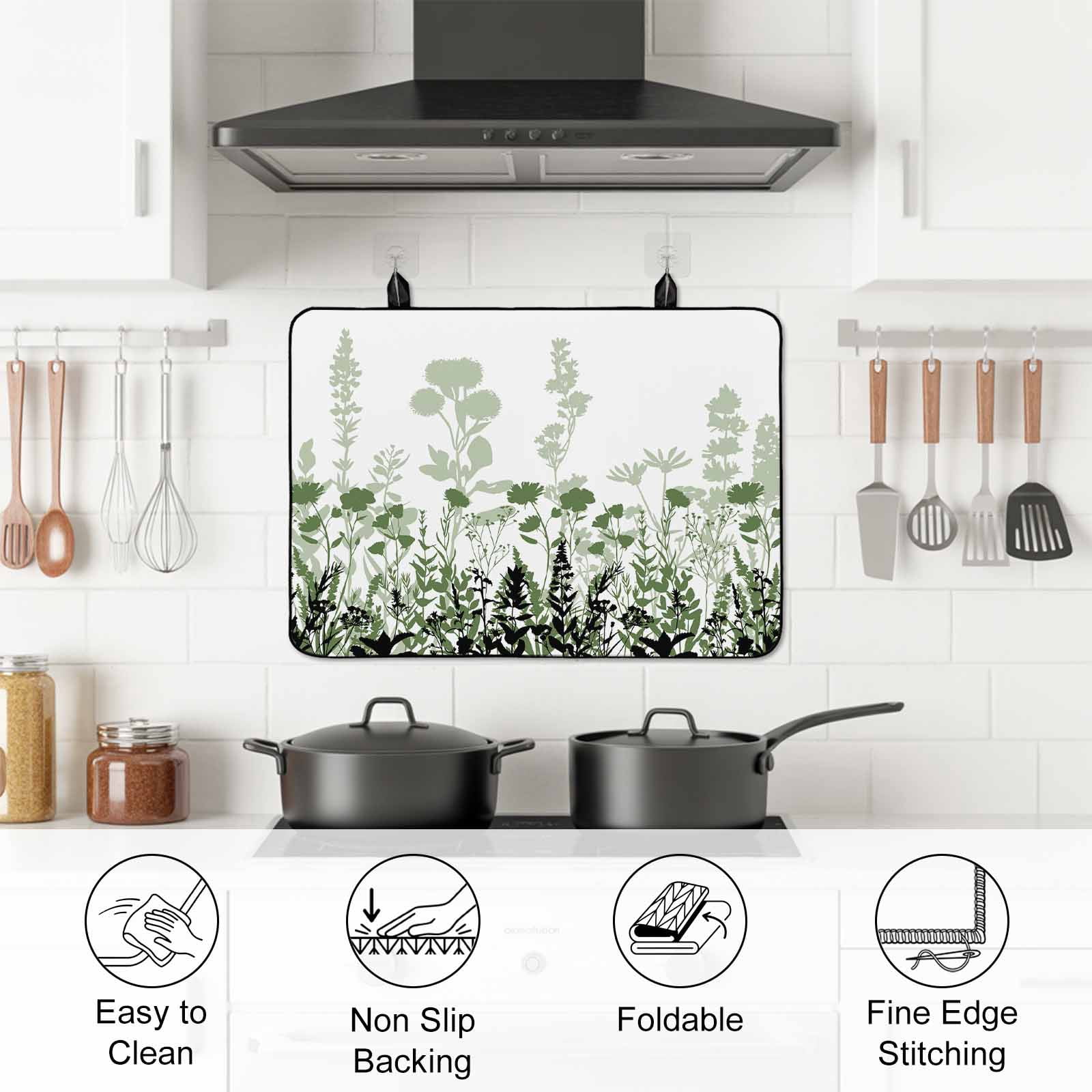 Green Floral Stove Top Cover for Electric Stove, Heat-proof & Non Slip Glass Top Stove Cover Protector, Spring Flowers Herb Silhouette Farmhouse Kitchen Flat Cooktop Rubber Mat 24x21 Inches