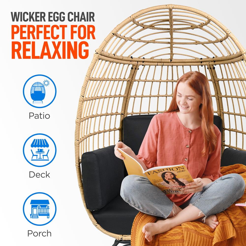 SereneLife Indoor Outdoor Black Wicker Rattan Egg Chair for Patio Backyard With 4 Cushions