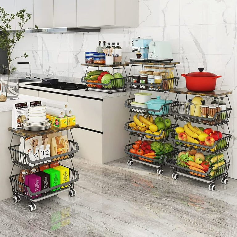 Werseon 4 Tier Fruit Vegetable Storage Basket, Fruit Vegetable Cart with  Solid Wood, Kitchen Storage Rack with Rollers for Pantry