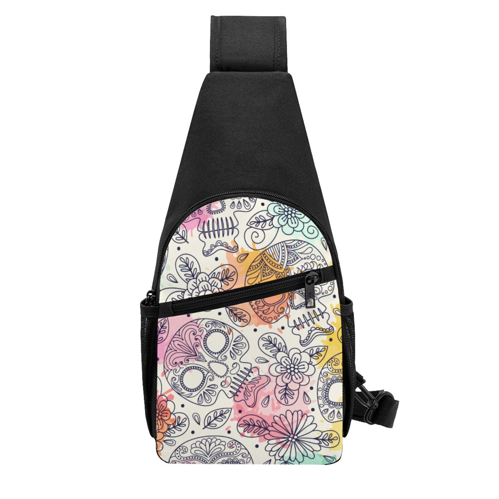 Xecao's Skull and Flowers Print Sling Bag: A Versatile Chest, Shoulder, and Crossbody Backpack for Casual Days Out, Perfect for Both Men and Women