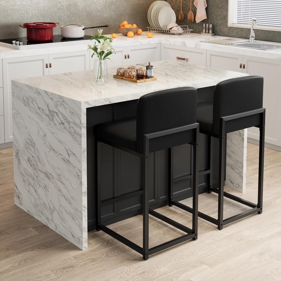 Huisuilinss Bar Stools Set Of 2,Modern Counter Height Bar Stools,Faux Leather Upholstered Barstools With Back And Footrest,Bar Chairs For Kitchen Island Dining Room Bar