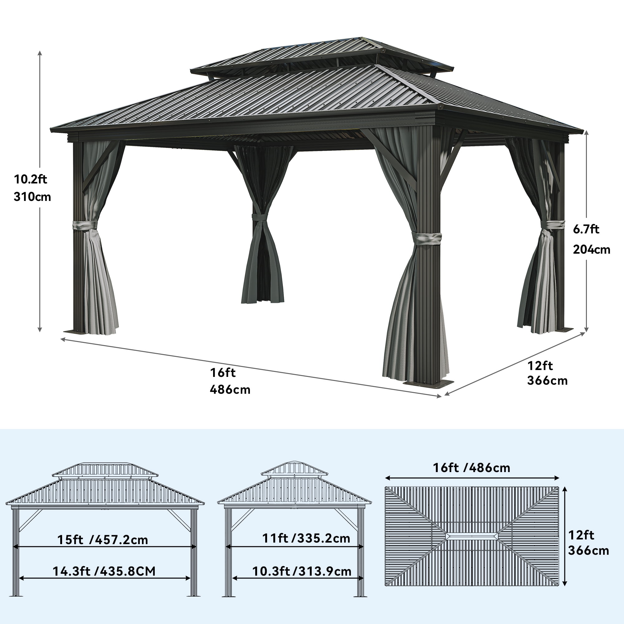Dextrus 12ft x16ft Double Roof Hardtop Gazebo with Netting&Curtains, Outdoor Gazebo with Heavy Duty Galvanized Steel,Ideal for Patio Lawn and Garden,Gray Curtain