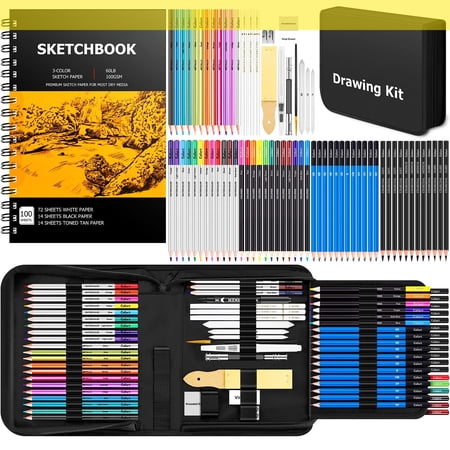 176PCS Art Supplies Sketching Kit with 100 Sheets 3-Color Sketch Book, Graphite Colored Charcoal Watercolor & Metallic Pencils, Drawing Set Gifts for Adults Teens Girls Boys Kids