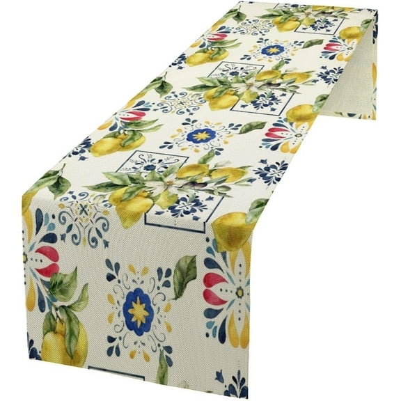 Lemon Floral Table Runner, Vintage Watercolor Lemon Flower Summer Tropic Fruit Italian Navy Blue Tile Dinner Table Runners Farmhouse Coffee Home Kitchen Decor for Party Holiday 13"x70"