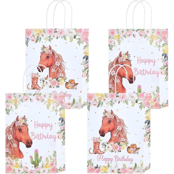 16pcs Horse Gift Bags For Party Favors, Pink Cowgirl Candy Bags for Horse Theme Party Decorations, Western Girl Paper Treat Bags for Birthday, Wedding Bridal Shower Party Supplies
