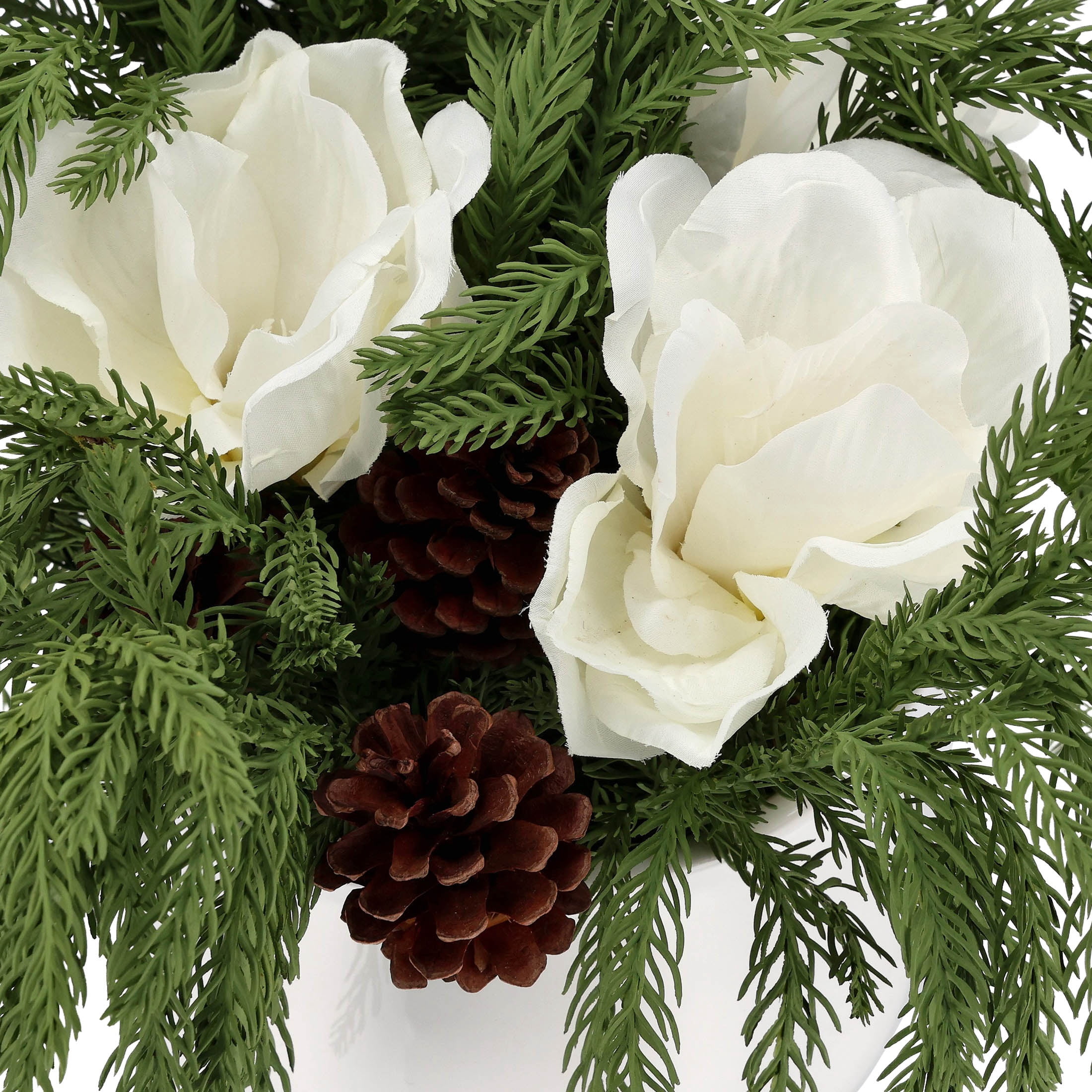 My Texas House Evergreen, Pinecone, and Magnolia Christmas Arrangement in Pot, Green and White, 15"