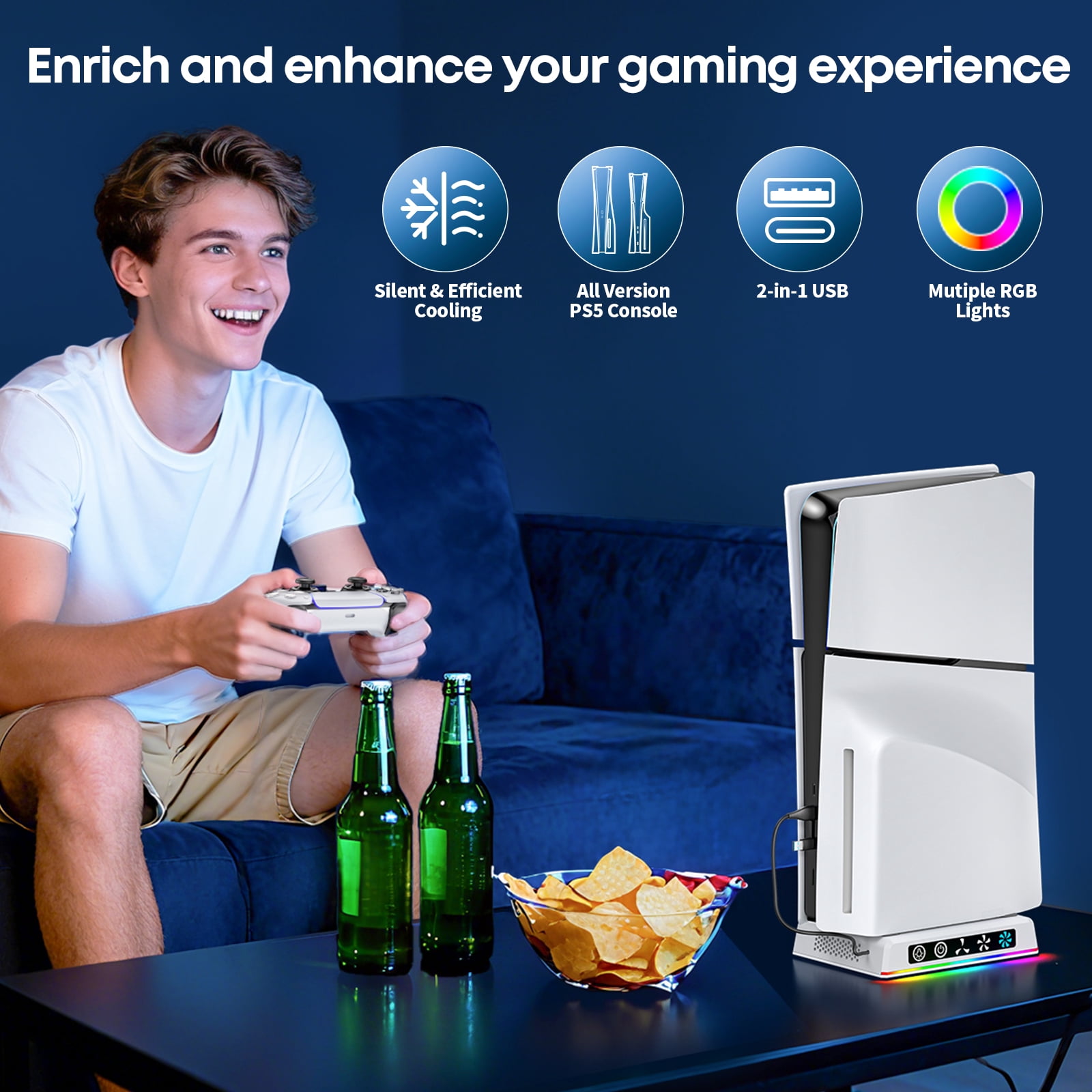 PS5/Pro/Slim Stand and Cooling Station with RGB Light, 3 Adjustable Speeds Cooling Fan, PS5 Accessories